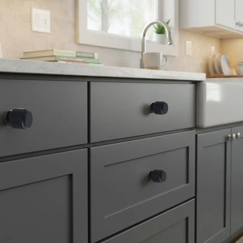 Solid As A Rock Polished Nickel Cabinet Door Knobs With Textured Aluminum Alloy Drawer Pulls on gray kitchen drawers.