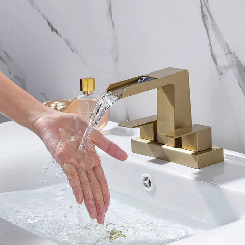 4 Inch Centerset Bathroom Waterfall Faucet With Two Handles For 3-Hole Lavatory Vanity, Brushed Gold Finish, flowing water