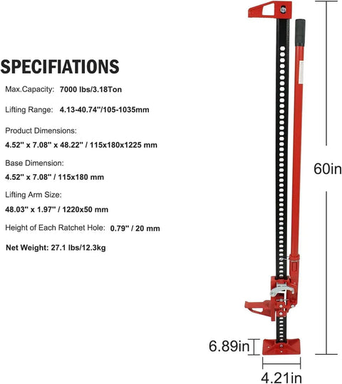 60 Inch Ratcheting Off Road Utility Jack With 7000 Lb Capacity shown with specifications and dimensions.