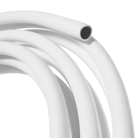Close-up of 32ft 16mm flexible dope craft pipe tubing, durable semi-rigid, white PVC, ideal for fake flowers and floral wedding decor.