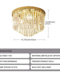 Lit French Gold Crystal Chandelier Ceiling Light 16 Inch Semi Flush Mount With Five Lights Three Tier Round Crystal Design