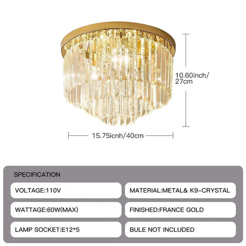 Lit French Gold Crystal Chandelier Ceiling Light 16 Inch Semi Flush Mount With Five Lights Three Tier Round Crystal Design