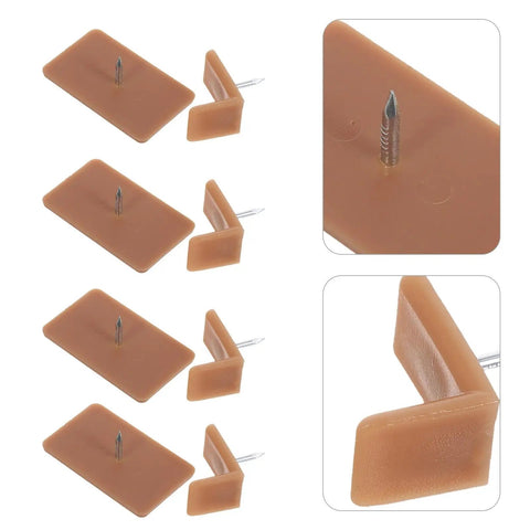 Light brown plastic drawer glides and stoppers for cabinets, easy fix for sticky drawers, shown in rectangular and L-shaped forms.