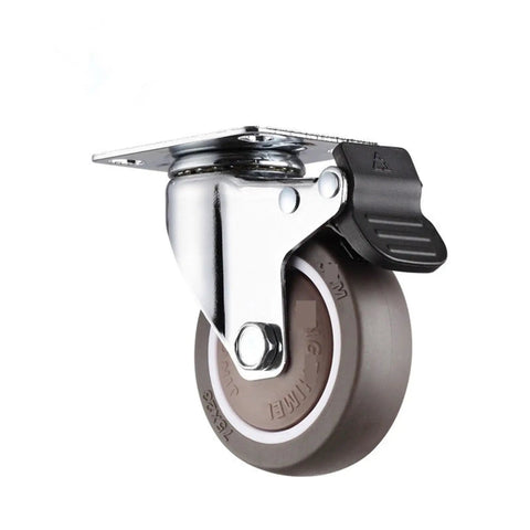 Heavy Duty TPR Caster Wheels With Lockable Brake And Dead Silent Roll Perfect For Furniture And Gear Replacement Smooth Stem Mount Two Pack Built Tough For The Daily Grind close-up of lockable caster wheel with chrome plate.