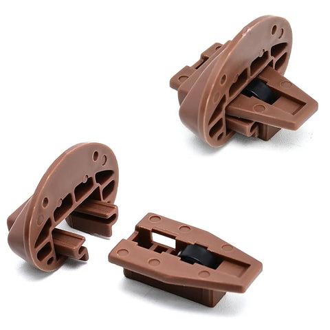 Game Changer Three Pack Plastic Center Mount Drawer Track Glides For Smooth Cabinet Repair And Zero Sweat Install With Heavy Duty Build And Rock Solid Everyday Performance - Brown polypropylene glides from different angles.