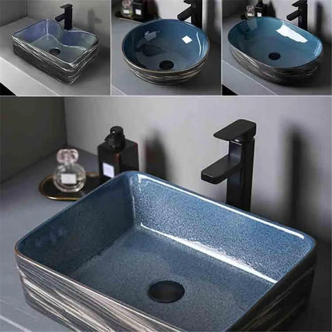 UYTROPLK Bathroom Vessel Sink Small Oval Ceramic Outdoor Indoor Bathroom Vintage Pedestal Basin with Accessories Patio Washbasin Bathroom Sink in elegant blue design.