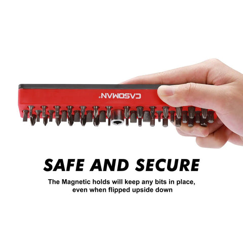Hand holding Red One Quarter Inch Hex Bit Organizer With Magnetic Base and Rubber Pad, displaying its secure bit holding feature.