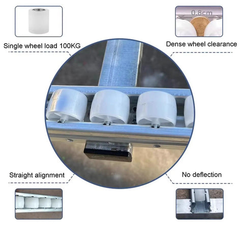 Game Changer Light Duty Roller Conveyor Table Featuring Hella Durable Abs Plastic Rollers, showcasing dense wheel clearance and straight alignment.
