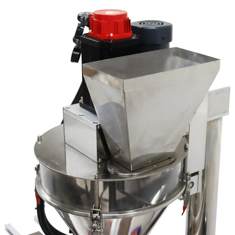 Automatic Desktop Powder Filling Machine Slick Screw Doser With Conveyor For Coffee Sugar Granules Hella Precise Dosage 10 To 200 Grams Built Tough detailed view of stainless steel hopper and motor.