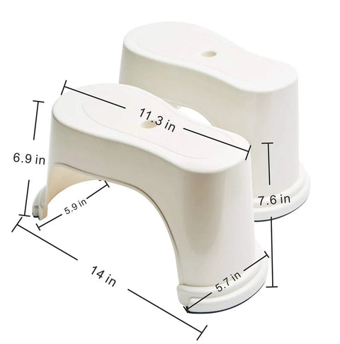 7 Inch Toilet Stool With Split Two Piece Movable Foot Rests Go To Stackable Space Saving Squatting Aid, white, dimensions labeled