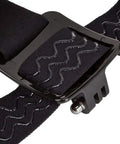 Close-up of adjustable action camera head strap mount with secure buckle and elastic nylon, compatible with cameras for hands-free use.