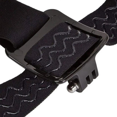 Close-up of adjustable action camera head strap mount with secure buckle and elastic nylon, compatible with cameras for hands-free use.