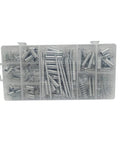 200-piece spring assortment kit with 20 sizes zinc-plated steel compression and extension springs in a clear plastic organizer