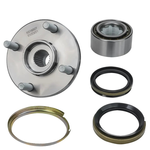 All In One Front And Rear Wheel Bearing Hub Assembly Kit For Four Lug Non ABS Fits Toyota Corolla 1993-2002, Chevy Prizm 1998-2002, Geo Prizm 1993-1997 Four Lug Hub Set components displayed