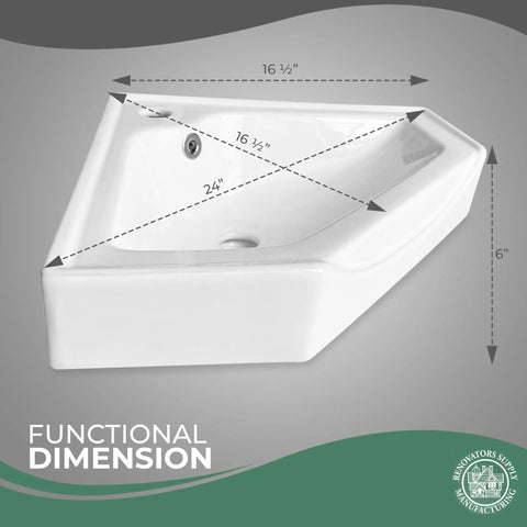 Alexander II 24 Inch Corner Wall Mounted Bathroom Sink White With Overflow Space Saving Ceramic Sink For Small Bathrooms