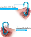 Close-up of blue 3 inch aluminum carabiner clip being tested, 5000 open-close cycles, Six Pack 3 Inch Aluminum Carabiner Clips D Ring Keychain Hooks Heavy Duty Lightweight Yet Durable