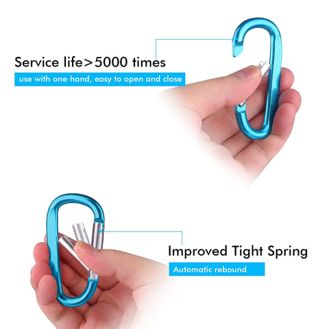 Close-up of blue 3 inch aluminum carabiner clip being tested, 5000 open-close cycles, Six Pack 3 Inch Aluminum Carabiner Clips D Ring Keychain Hooks Heavy Duty Lightweight Yet Durable