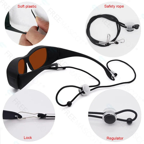 Tough as Nails Laser Safety Glasses with OD 6 Plus Shielding Covering 190nm to 1100nm with safety rope and lock.
