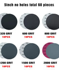Five Inch Sanding Discs Set, 60 Pcs Hook And Loop, Grits 320 600 800 1200 1500 2000 With Tack Cloth, No Holes, Silicon Carbide