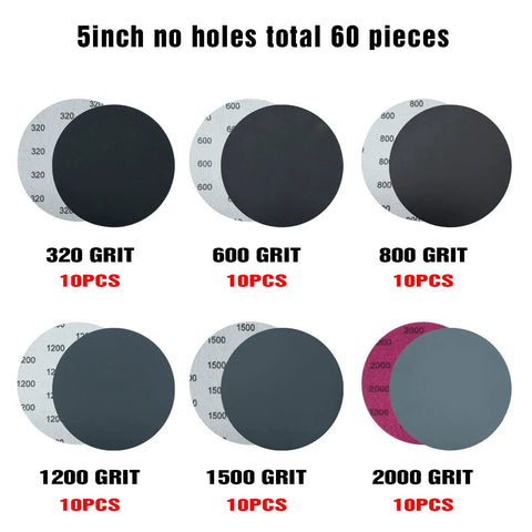 Five Inch Sanding Discs Set, 60 Pcs Hook And Loop, Grits 320 600 800 1200 1500 2000 With Tack Cloth, No Holes, Silicon Carbide