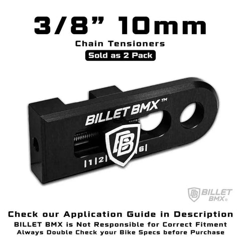 Premium Billet Styling Bmx Chain Tensioners Three Eighth Inch 10mm Solid Axle Pair crafted from 6061 T6 aluminum, sold as 2 pack.