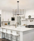 Six Light Farmhouse Chandelier With Adjustable Height Black And Gold Iron Pendant Lighting for kitchen island view.