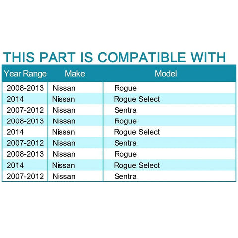 Chart showing vehicle compatibility for Front Wheel Bearing Hub Assembly For Nissan Rogue 2008 2013 And Nissan Rogue Select 2014 Plus Sentra Two Point Five Liter Four Cylinder 2007 2012 With Five Lug And ABS Affordable Replacement Part For Easy Install Smooth Ride And Reliable Performance