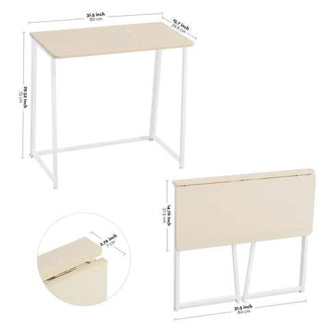 Compact Folding Desk For Small Spaces 31.5 Inch Oak Finish Computer Table For Home Office And Tiny Rooms, folded and unfolded view