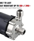 Premium Stainless Steel Wort Brewing Pump Delivering Straight Fire Magnetic Drive Performance For Effortless Homebrew Liquid Transfer Right Out Of The Kettle showing metal housing and heat-resistant features.