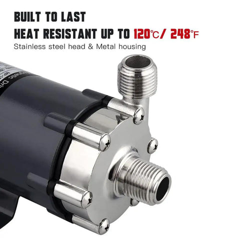 Premium Stainless Steel Wort Brewing Pump Delivering Straight Fire Magnetic Drive Performance For Effortless Homebrew Liquid Transfer Right Out Of The Kettle showing metal housing and heat-resistant features.