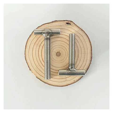 304 Stainless Steel Cylindrical Welding T Shaped Screws Set For Metalworking M4 M5 M6 M8 M10 M12 displayed on wood disc