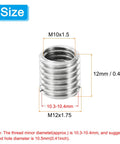 Front view of stainless steel thread-reducing sleeve insert: M12x1.75 to M10x1.5