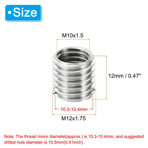 Front view of stainless steel thread-reducing sleeve insert: M12x1.75 to M10x1.5