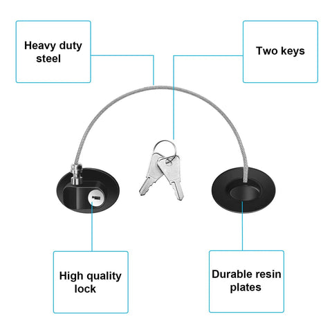 Heavy Duty Four Pack Slide Bolt Locks For Fridge And Cupboards With Backup Keys showing steel locks, two keys, and durable resin plates.