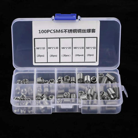 Cool M6 Threaded Insert Kit With 100pcs Stainless Steel Repair Parts For Stripped Screw Holes In Five Sizes Including Deep Threading Specs And A Tidy Divided Storage Box, open storage case with M6 stainless steel inserts