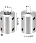 Front view of 5mm to 10mm Bore Rigid Shaft Coupler With Set Screw, Aluminum Alloy L25XD20, showing dimensions and M4 screws.
