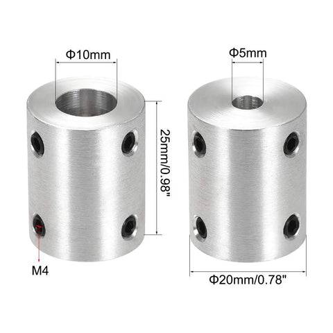 Front view of 5mm to 10mm Bore Rigid Shaft Coupler With Set Screw, Aluminum Alloy L25XD20, showing dimensions and M4 screws.