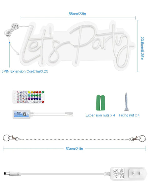 RGB Lets Party Neon Sign For Wall Decor Large LED Neon Light Up Sign With Rainbow Colors And Music Sync Perfect For Weddings Birthdays Christmas Valentines Day Bars And More Comes With Power Adapter. Image shows the neon sign's dimensions and accessories including power adapter, remote, and mounting hardware.