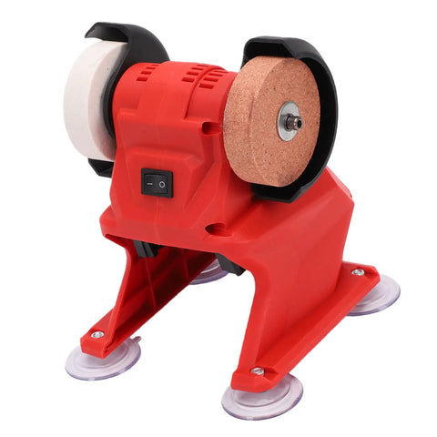 Badafaci Portable Mini Bench Grinder With Coarse Fine Corundum Wheels For 18V Battery Powered Metal Wood Jewelry Polishing Sharpening Electric Tool, red body with dual grinding wheels.
