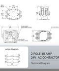 Technical diagram of Two Pole 40 Amp AC Contactor with 24V Coil, showing enclosure and wiring details for HVAC applications.