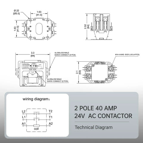 Technical diagram of Two Pole 40 Amp AC Contactor with 24V Coil, showing enclosure and wiring details for HVAC applications.