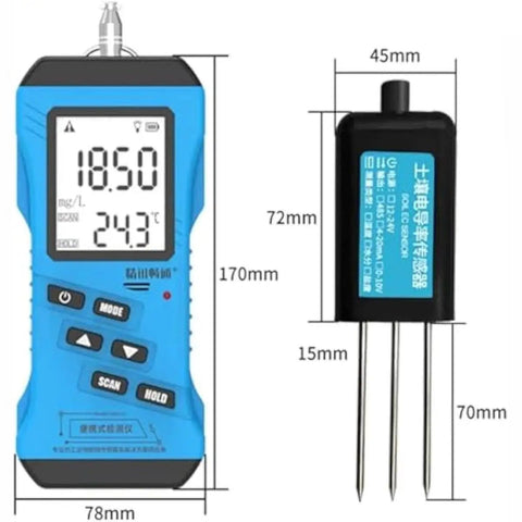 Digital display and probe of 7 In 1 Rapid Soil Tester Kit With NPK, pH, Moisture, Conductivity And Fertility Meter, blue casing