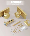 Privacy Door Knob Set With Lock For Bedroom And Bathroom Satin Brass Rectangle Rosette Handle Modern Interior Door Hardware Easy Thumb Turn Lock With Emergency Hex Key No Sweat Privacy Solution displayed with components.