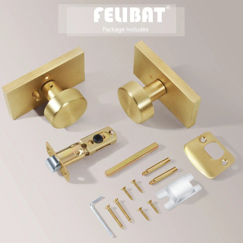 Privacy Door Knob Set With Lock For Bedroom And Bathroom Satin Brass Rectangle Rosette Handle Modern Interior Door Hardware Easy Thumb Turn Lock With Emergency Hex Key No Sweat Privacy Solution displayed with components.