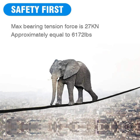 Beefed Up Prusik Cord With Pre Sewn Loop 10mm Climbing Rope holding elephant, 27kN tension force, city background