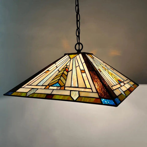 Tiffany Style Stained Glass Pendant Light Fixture, 16 Inch Wide Hanging Lamp With Two Lights, Mission Antique Pendant Lighting