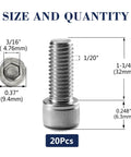 Top Shelf 20 Pack 1/4 20 X 1 1/4 Socket Head Cap Screws Forged From Beefy 304 Stainless Steel with dimensions and hex top view.