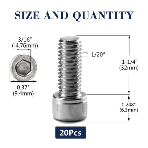 Top Shelf 20 Pack 1/4 20 X 1 1/4 Socket Head Cap Screws Forged From Beefy 304 Stainless Steel with dimensions and hex top view.