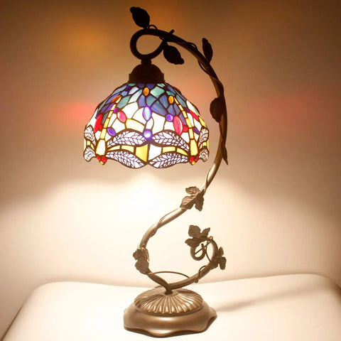 Stained Glass Tiffany Style Dragonfly Table Lamp With Blue Yellow Glass Shade Dope Bronze Metal Leaf Base 21 Inch Tall Desk Light