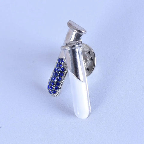 Silver test tube pin from 4 Piece Chemistry Beaker Brooch Set With Flask Design, Metal Alloy Scientist Lapel Pins For Lab Coats.